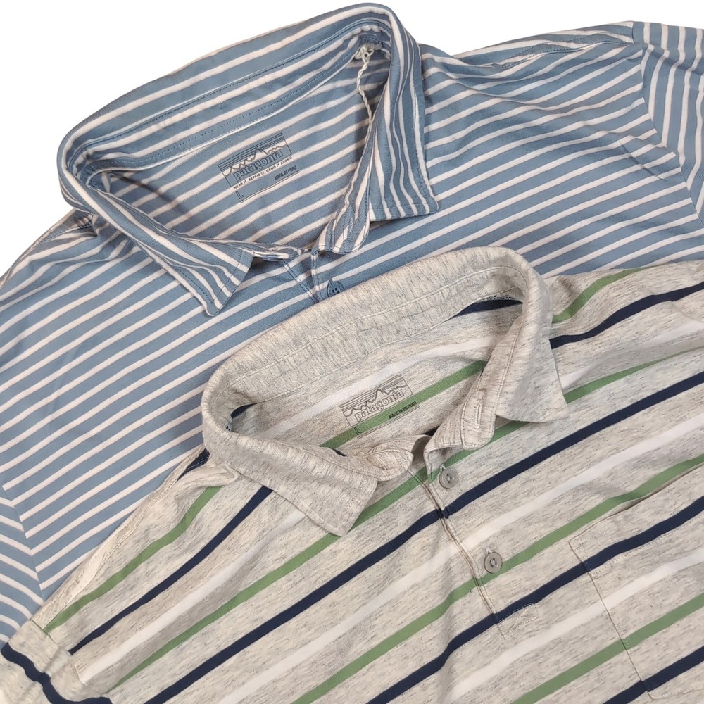 Patagonia Cotton Polo Shirts Mens L Blue Gray Striped Bundle Lot 2 Gorpcore